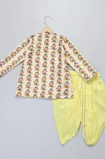 Off white printed cotton silk yellow father son dhoti kurta combo set