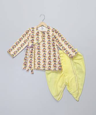 Off white printed cotton silk yellow father son dhoti kurta combo set 4