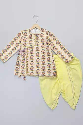 Off white printed cotton silk yellow father son dhoti kurta combo set