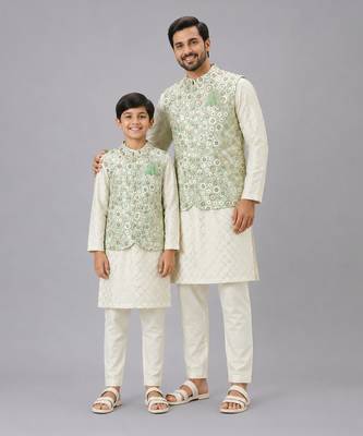 Ivory embroidered georgette sage green father son nehru jacket combo set 1