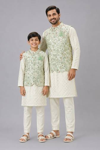 Ivory embroidered georgette sage green father son nehru jacket combo set
