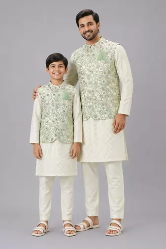 Ivory embroidered georgette sage green father son nehru jacket combo set