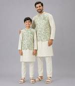 Ivory embroidered georgette sage green father son nehru jacket combo set
