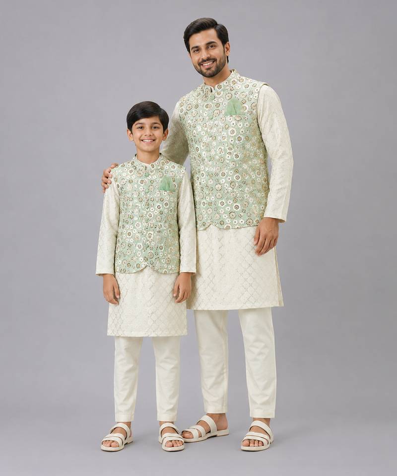 Ivory embroidered georgette sage green father son nehru jacket combo set