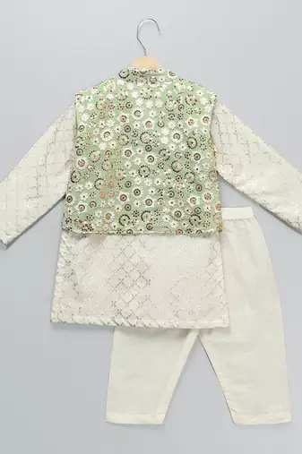 Ivory embroidered georgette sage green father son nehru jacket combo set