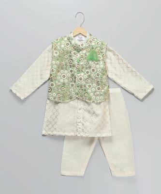 Ivory embroidered georgette sage green father son nehru jacket combo set 3