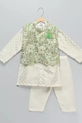 Ivory embroidered georgette sage green father son nehru jacket combo set