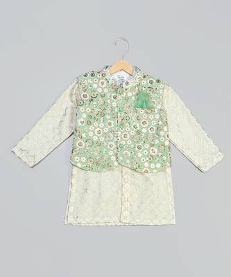 Ivory embroidered georgette sage green father son nehru jacket combo set 4