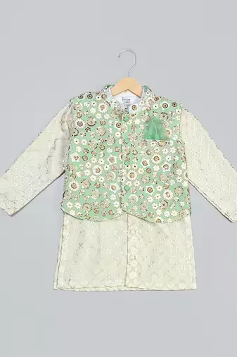 Ivory embroidered georgette sage green father son nehru jacket combo set