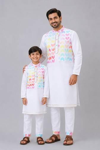White heart printed cotton father son kurta combo set
