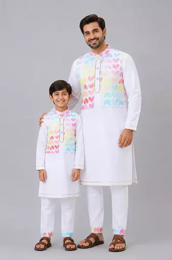 White heart printed cotton father son kurta combo set