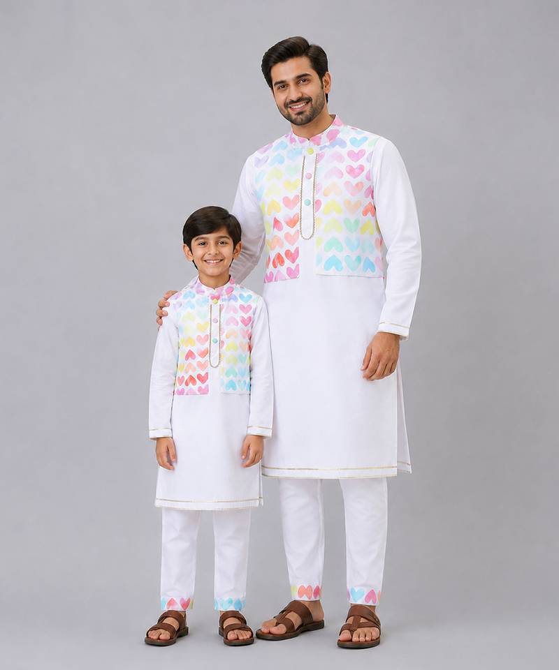 White heart printed cotton father son kurta combo set