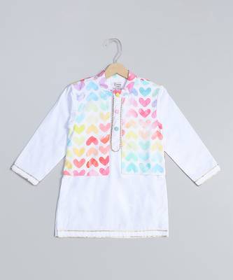 White heart printed cotton father son kurta combo set 2