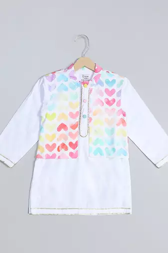 White heart printed cotton father son kurta combo set