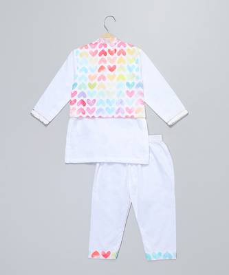 White heart printed cotton father son kurta combo set 3