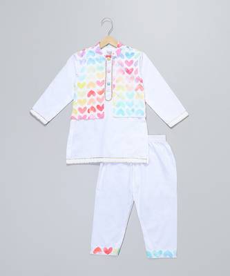 White heart printed cotton father son kurta combo set 4