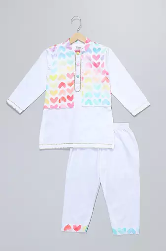 White heart printed cotton father son kurta combo set