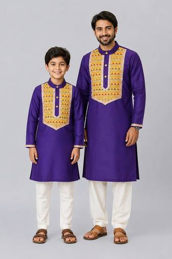 Indigo purple embroidered cotton father son kurta combo set
