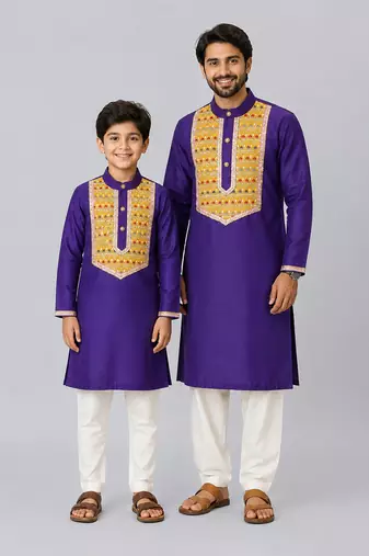 Indigo purple embroidered cotton father son kurta combo set