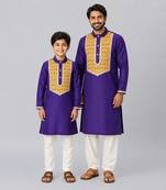 Indigo purple embroidered cotton father son kurta combo set