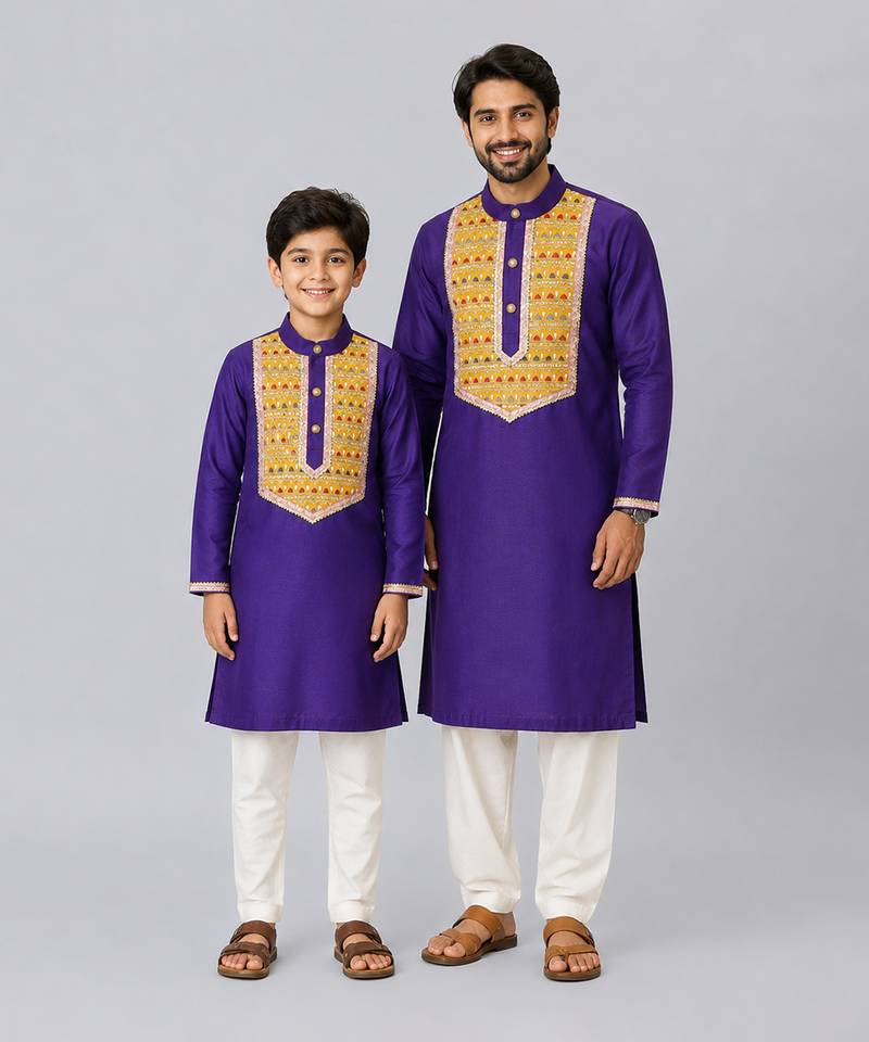 Indigo purple embroidered cotton father son kurta combo set