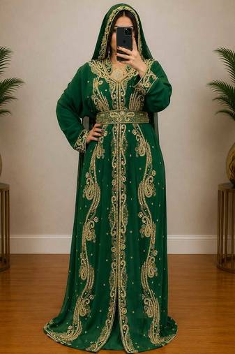 Emerald Green Heavy Gold Embroidered Moroccan Kaftan