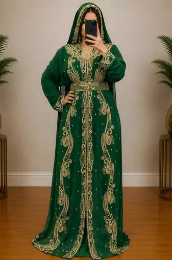 Emerald Green Heavy Gold Embroidered Moroccan Kaftan