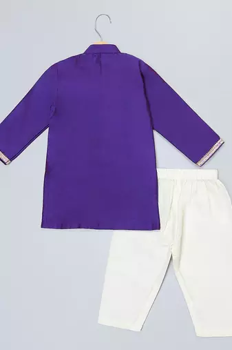 Indigo purple embroidered cotton father son kurta combo set
