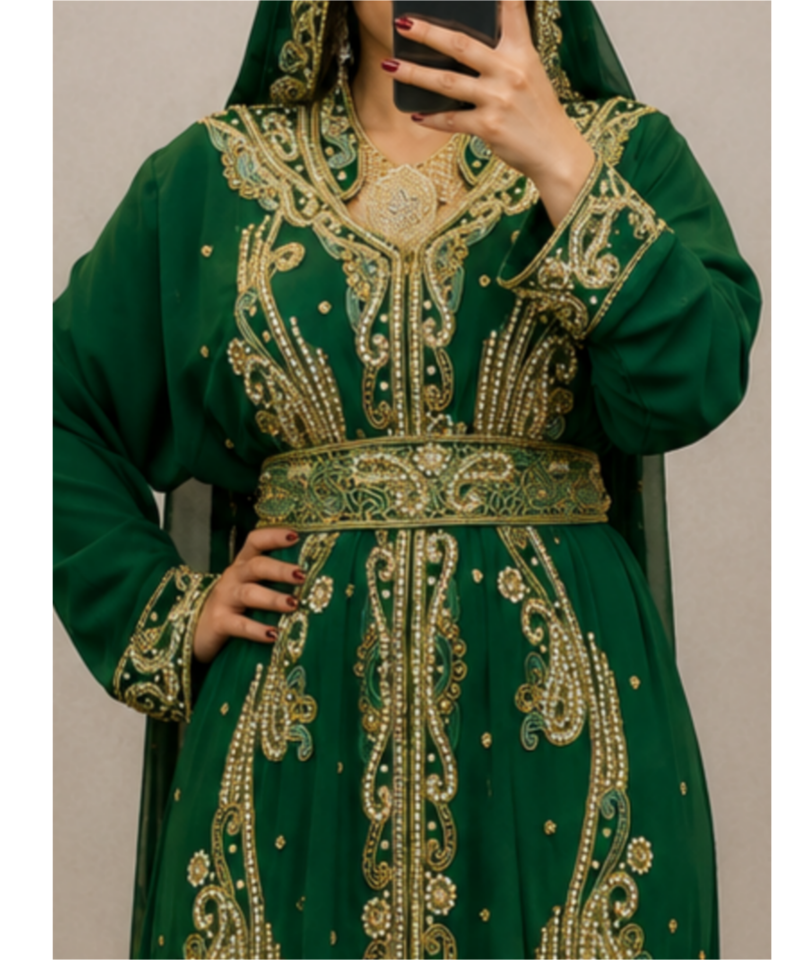 Emerald Green Heavy Gold Embroidered Moroccan Kaftan
