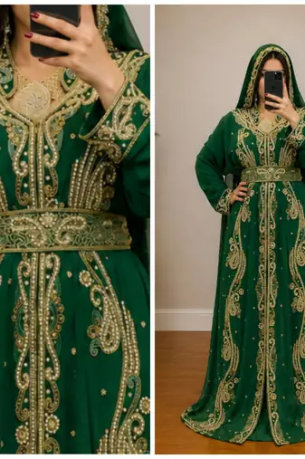 Emerald Green Heavy Gold Embroidered Moroccan Kaftan