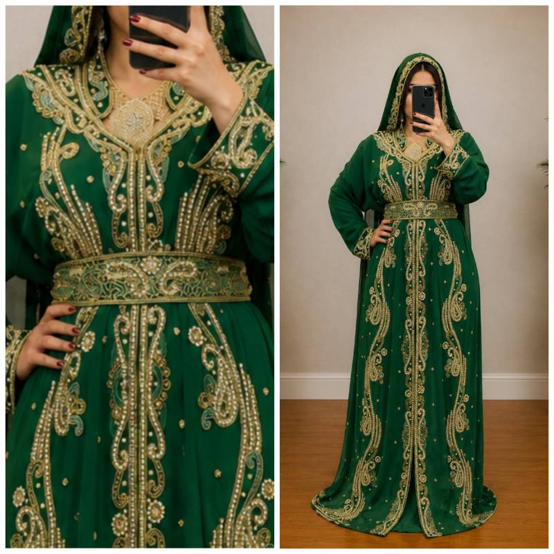 Emerald Green Heavy Gold Embroidered Moroccan Kaftan