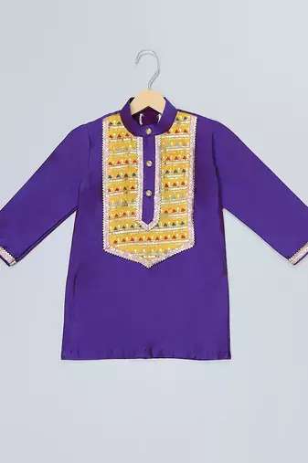 Indigo purple embroidered cotton father son kurta combo set