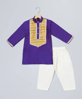 Indigo purple embroidered cotton father son kurta combo set 4