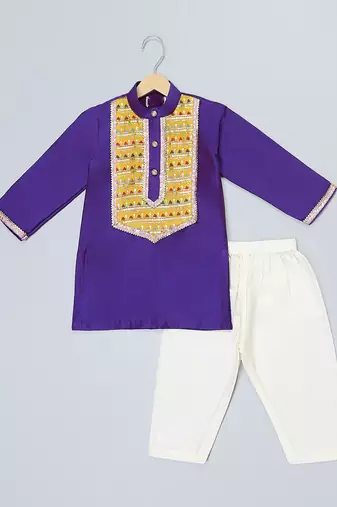 Indigo purple embroidered cotton father son kurta combo set