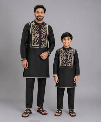 Black embroidered cotton father son kurta combo set 1