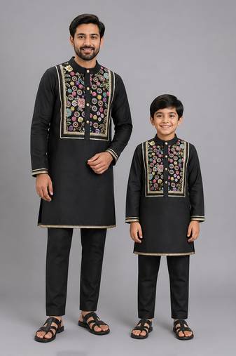 Black embroidered cotton father son kurta combo set