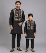 Black embroidered cotton father son kurta combo set