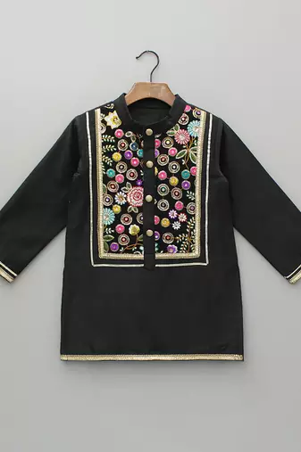 Black embroidered cotton father son kurta combo set