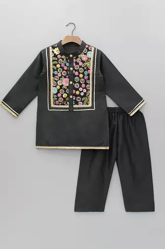 Black embroidered cotton father son kurta combo set