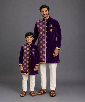 Royal purple embroidered velvet father son kurta combo set 1