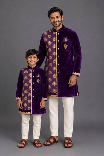 Royal purple embroidered velvet father son kurta combo set