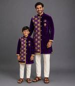Royal purple embroidered velvet father son kurta combo set