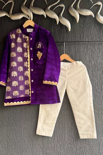 Royal purple embroidered velvet father son kurta combo set