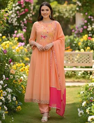 Embroidered Georgette Flared Kurta Pant and Dupatta Set 1