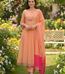 Embroidered Georgette Flared Kurta Pant and Dupatta Set