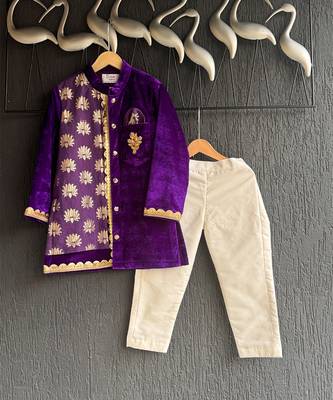 Royal purple embroidered velvet father son kurta combo set 3