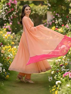 Embroidered Georgette Flared Kurta Pant and Dupatta Set 3