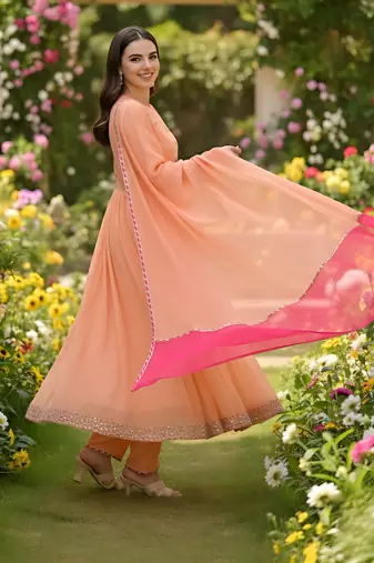 Embroidered Georgette Flared Kurta Pant and Dupatta Set