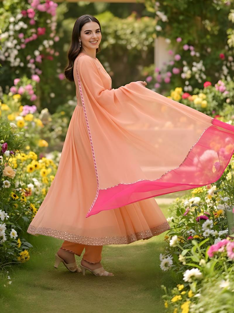 Embroidered Georgette Flared Kurta Pant and Dupatta Set