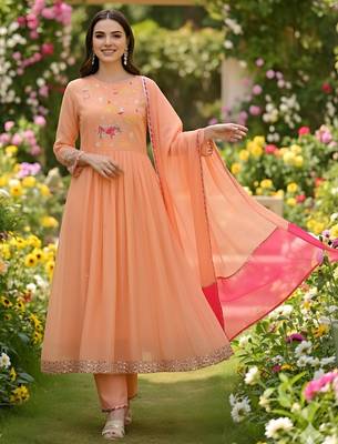 Embroidered Georgette Flared Kurta Pant and Dupatta Set 5